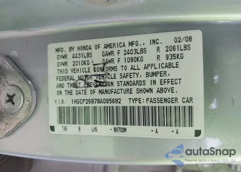 2008 Honda Accord 2.4 Ex-L from USA, damaged, VIN 1HGCP26878A095682